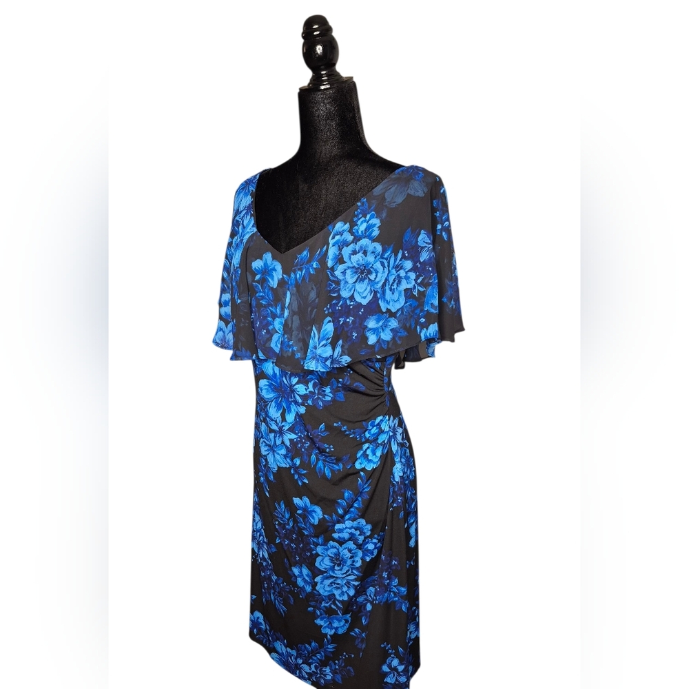 Connected Apparel Women's Black and Blue Floral Midi Dress With Sheer overlay